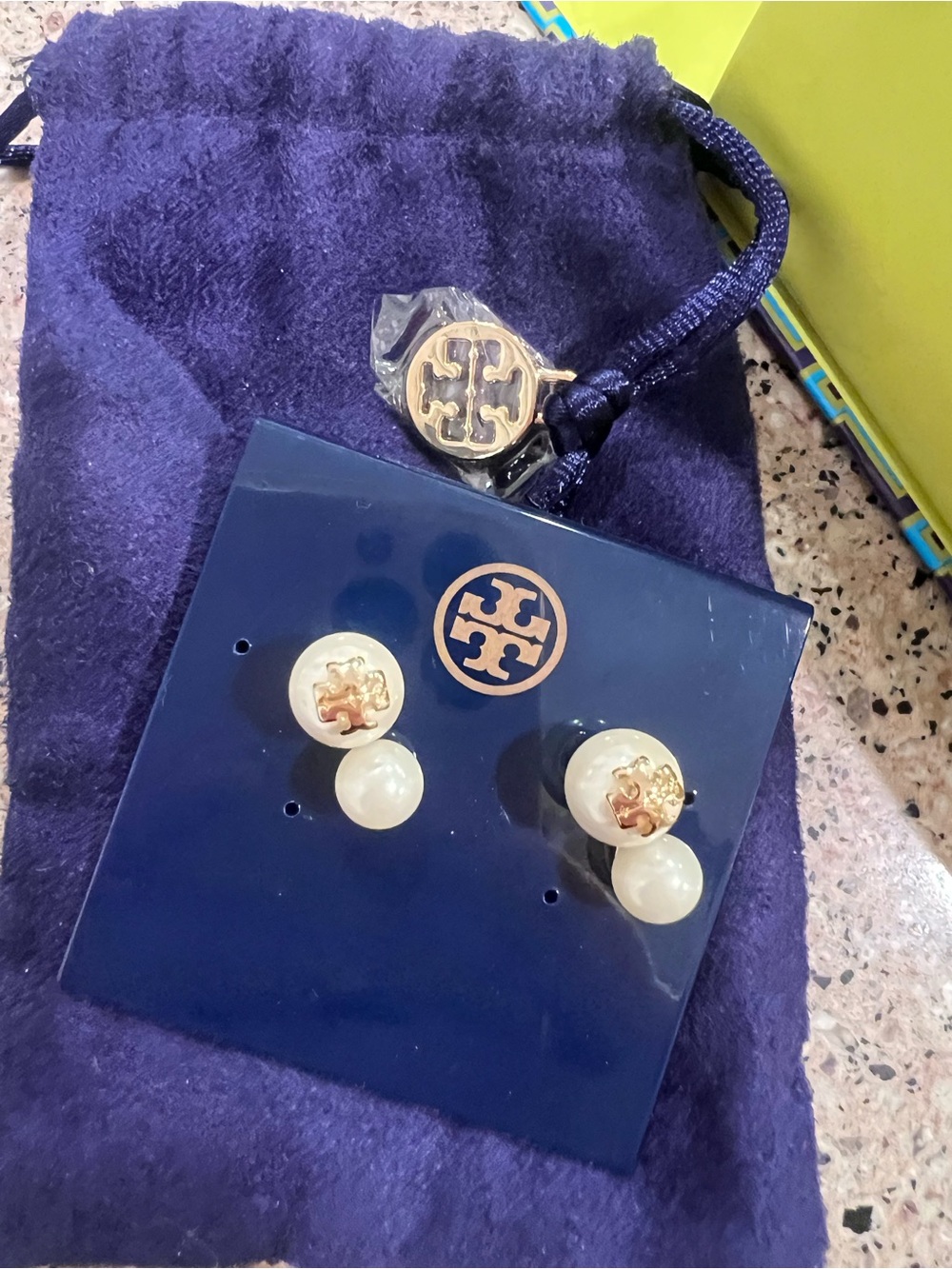 Tory Burch Navy and Gold Double Pearl Earrings